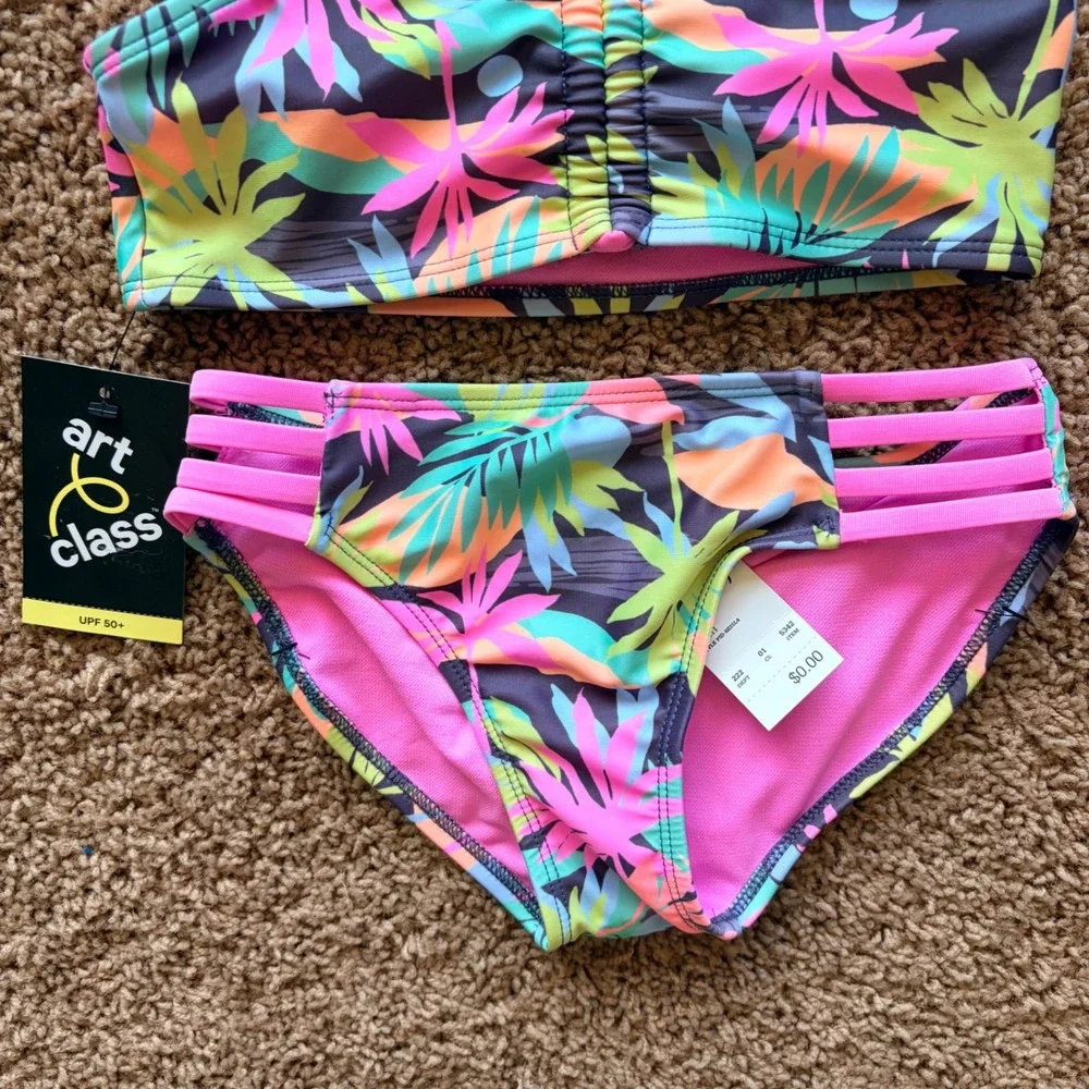 Art Class Tropical Palm Strappy Bead Detail Bikini Swim Bathing Suit 6/7 NEW NWT